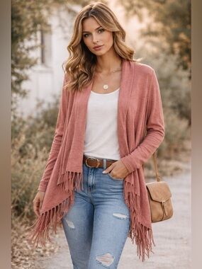 LOVE TREE Dusty Rose Fringe Hem Open Front Waterfall Cardigan Sz L Soft Boho